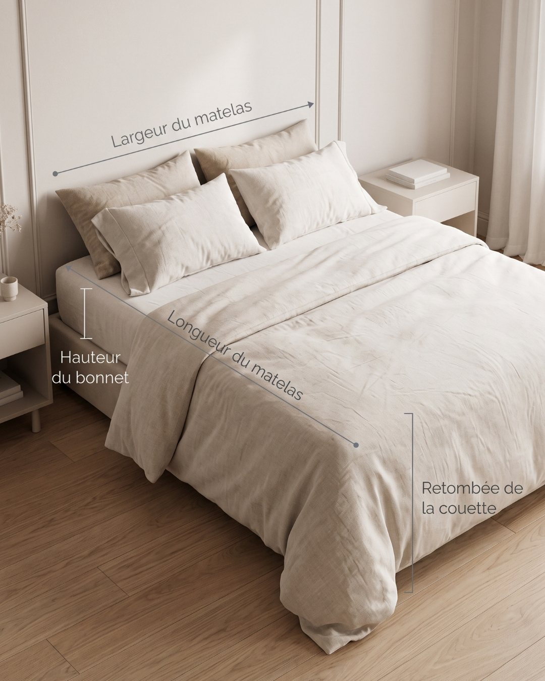 Lit annoté des mesures à prendre : largeur et longueur du matelas, hauteur du bonnet, retombée de la couette